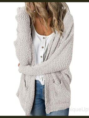 Fuzzy Chunky Oversized Cardigan Sweater Long Sleeve V-Neck Popcorn Knit White